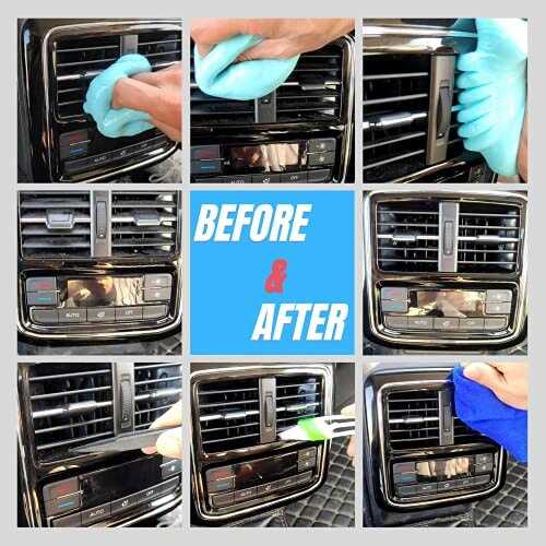 Collage of car vent cleaning process showing before and after results.