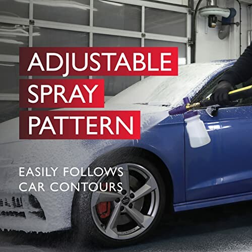 Car being washed with adjustable spray pattern.