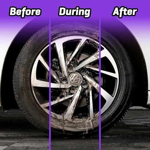 Car wheel showing cleaning stages: before, during, and after.