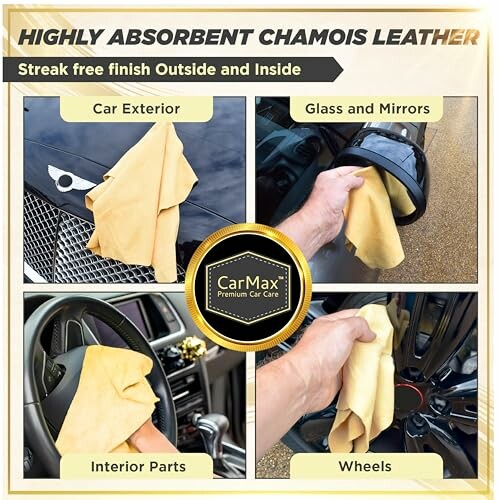 Chamois leather cleaning car exterior, mirrors, interior, and wheels.