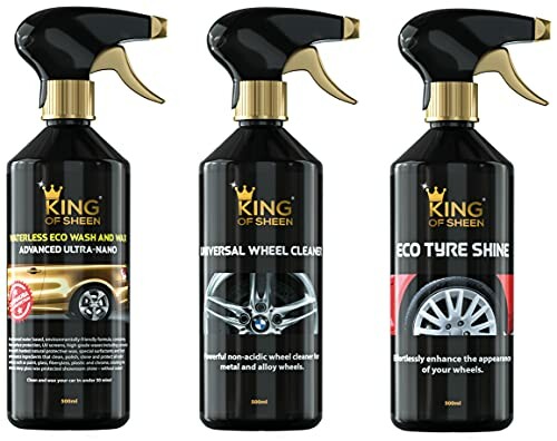 Three King of Sheen car care spray bottles: eco wash and wax, wheel cleaner, tyre shine.