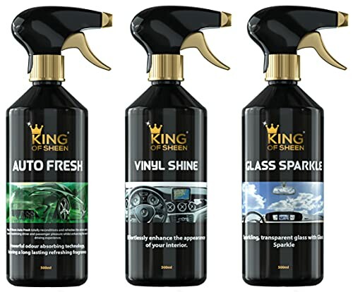 Three King of Sheen cleaning products: Auto Fresh, Vinyl Shine, Glass Sparkle.