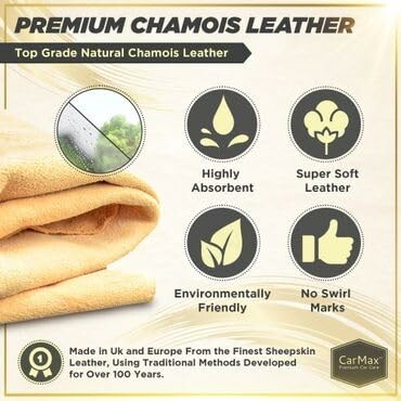 Infographic highlighting features of premium chamois leather, including absorbency, softness, eco-friendliness, and no swirl marks.