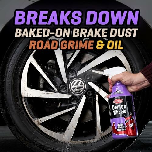 Wheel cleaner spray breaking down brake dust and grime.